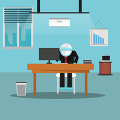 Robot businessman working with computer at office. Robotics AI futuristic concept illustration vector.