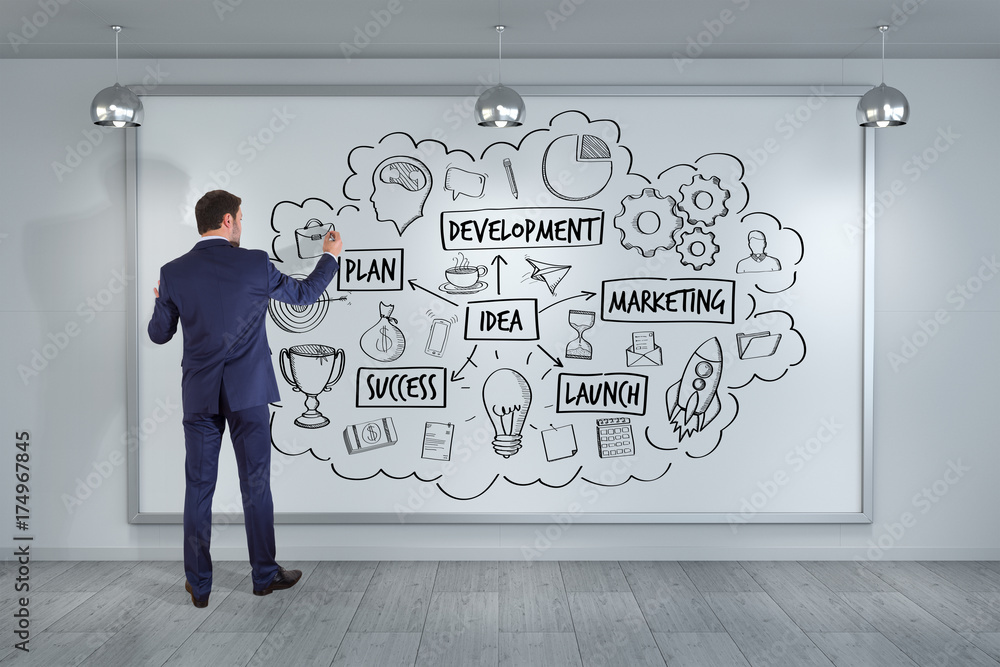 Poster businessman drawing a project sketch on a board 3d rendering