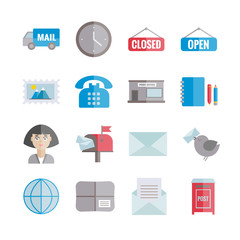 Set of vector flat post office icons. Modern colorful icons for web design