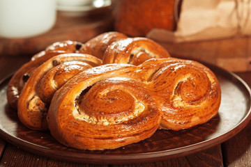 Freshly baked bread on wooden table