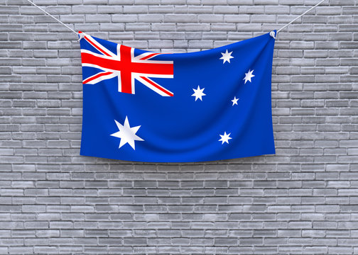 Australia flaghanging on brick wall. 3D illustration
