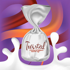 Realistic candy wrapper mockup for your brand with milk splash and caramel and chocolate swirls background