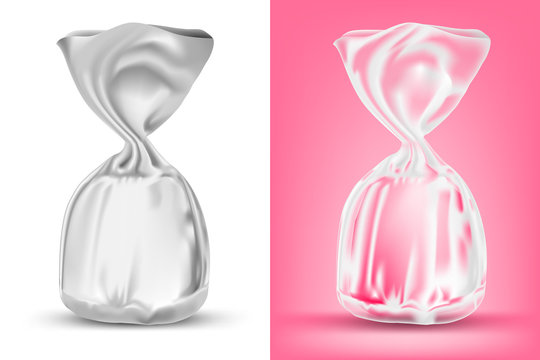 Realistic Candy Wrapper Mockup, Solid White And Transparent. Easy To Recolor, Vector Illustration