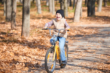 Fototapeta na wymiar boy riding on Bicycle in autumn Park, bright sunny day, fallen leaves on background