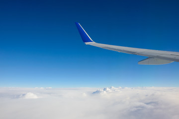 Fototapeta na wymiar Airplane wing with blue sky has a lot of windows