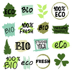 Big set with icons and logos, eco, bio, raw, fresh food concepts. Vector design elements in green colors on a white background.