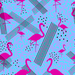 Colorful seamless pattern in memphis style with pink flamingo. Vector illustration