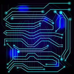 Blue background with high tech circuit board. Microchip background. Vector illustration