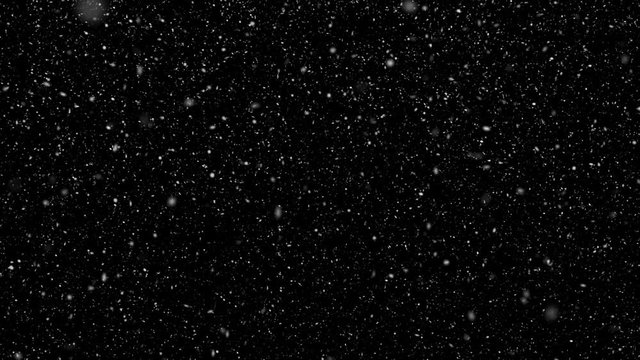 Animated realistic detailed very small snow flakes slowly falling densely against black background. High angle camera view. Mask included.