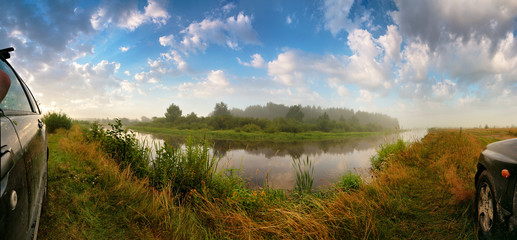 full 180 degree panorama beautiful of summer misty morning river - obrazy, fototapety, plakaty