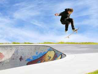 Tricks on the skateboard. Skate park. Ramp.