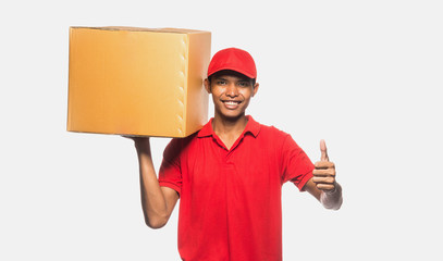 Delivery man with box,Postman in red uniform,Delivery in handing parcel box to recipient with pleasure