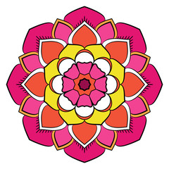 Bright colored mandala. A repeating pattern in the circle. A beautiful image for scrapbook. Picture for relaxation. Stylized flower with eight petals.