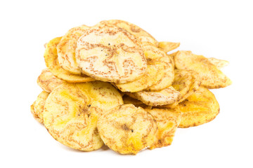 Organic plantain chips isolated on a white background