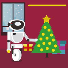 Santa Claus Robot decorating Christmas tree at home. Personal household robot futuristic concept illustration vector.
