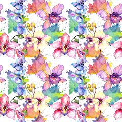 Wildflower orchid flower pattern in a watercolor style. Full name of the plant: colorful orchid. Aquarelle wild flower for background, texture, wrapper pattern, frame or border. © yanushkov