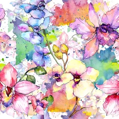 Fotobehang Orchidee Wildflower orchidee bloemenpatroon in een aquarel stijl. Volledige naam van de plant: kleurrijke orchidee. Aquarelle wilde bloem voor achtergrond, textuur, wikkelpatroon, frame of rand.