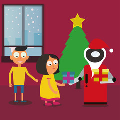 Santa Claus Robot giving gifts to children near the Christmas tree at home. Personal household robot futuristic concept illustration vector.