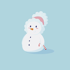 Сute little snowman in pink hat with a small Candycane in hand