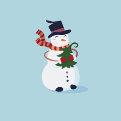 Сute snowman in a hat and and striped scarf with a small Christmas tree in hand