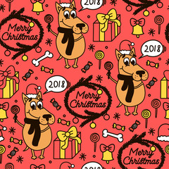 Merry Christmas. Holiday seamless pattern with funny dog, candy, tree, gifts and bell. New Year 2018. Vector background. 