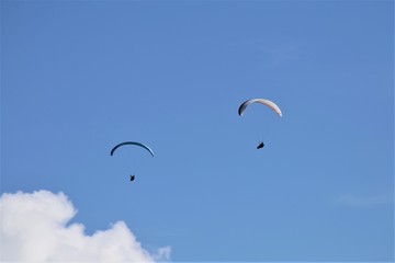 Fototapeta na wymiar Gleitschirmflieger (Paraglider) vor blauem Himmel