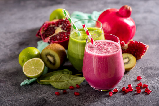 Pomegranate and spinach smoothie, healthy detox vitamin antioxidant drink diet or vegan food concept