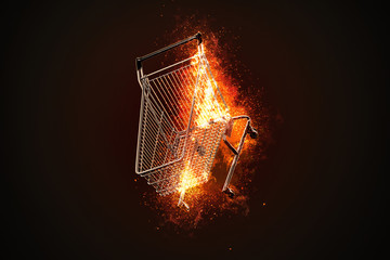 Burning shopping cart. 3D illustration