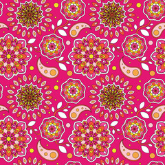 Colorful seamless pattern. Beautiful floral motif. Background in oriental style. The template for printing on fabric. Texture of mandalas on a scarlet surface.
