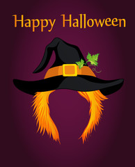 Halloween. A girl in a witch hat with hair without a face. Vector. 