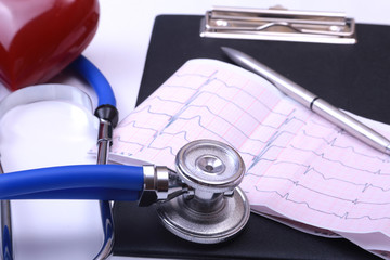RX prescription, Red heart and a stethoscope isolated on white background