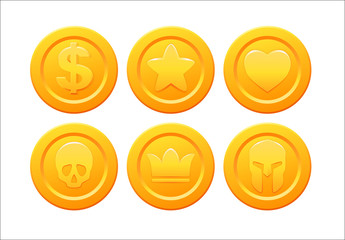 Set of stylized golden coin with star, crown, skull, heart ,dollar and helmet symbols. Collection for video game design. Stock vector illustration - 174977490