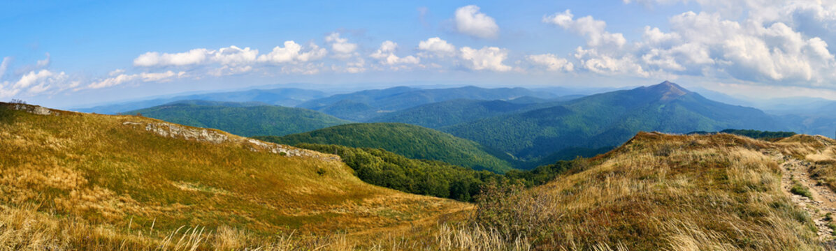 Beautiful panoramic view of the Bieszczady mountains in the early autumn, Bieszczady National Park (Polish: Bieszczadzki Park Narodowy), Poland.