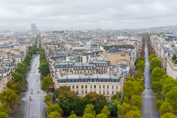 Paris, panorama from Arc de Triomphe, buildings, avenues and monuments, and the new court house in background
