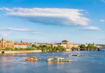 Tourist ships on Vltava river in Prague, Czech Republic