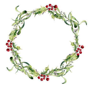 Watercolor holly and mistletoe wreath. Hand painted border floral branch and white berry isolated on white background. Christmas clip art for design or print. Holiday plant.