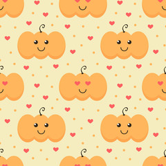 Cute flat design pumpkins and hearts seamless pattern background.
