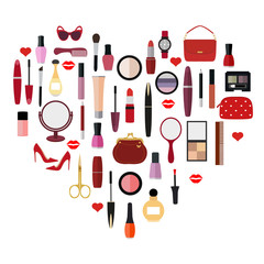 Fototapeta premium set of cosmetics in the shape of heart on a white background