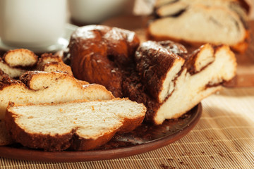 Freshly baked bread on wooden table