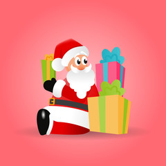 Christmas vector illustration of Santa Claus with gifts on a red background. Cartoon character is carrying presents to children.