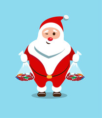 Merry Santa Claus. Kind, bearded hero. Christmas old man in a red fur coat. Sticker for winter celebrations. Sweets from the favorite character of children.