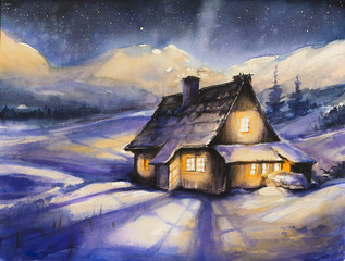  Wooden house in winter mountains. Picture created with watercolors.