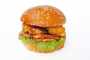 appetizing cheeseburger with brie cheese on white background