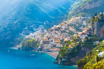 Morning view of Positano cityscape on coast line of mediterranean sea, Italy  
