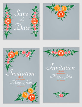 A set of invitations with ornament in the Slavic folk style. For used for web, wallpaper, printing on the paper.