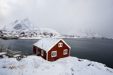 Typical red house, Reine, Lofoten Islands, Northern Norway 