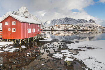 Typical red house, Reine, Lofoten Islands, Northern Norway 