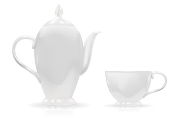 Teapot and cup. White fine porcelain