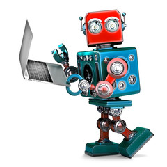 Retro Robot using laptop. 3D illustration. Isolated. Contains clipping path