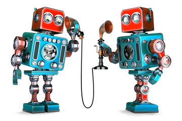 Fototapeta premium Vintage Robots having a phone conversation. 3D illustration. Isolated. Contains clipping path